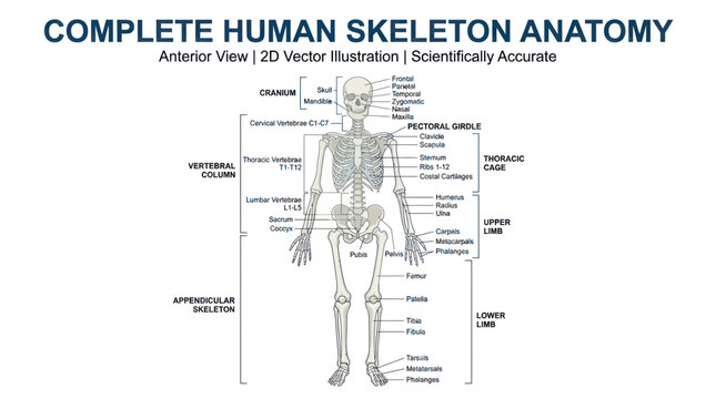 Complete human skeleton anatomy chart with anatomical bone labels