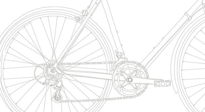 Highly detailed line art illustration of a bicycle's intricate drivetrain and rear wheel mechanism, showcasing precision mechanical engineering with a clean, minimalist aesthetic