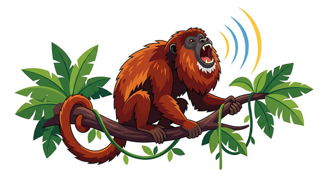 Howler Vector Monkey Roaring on Jungle Branch