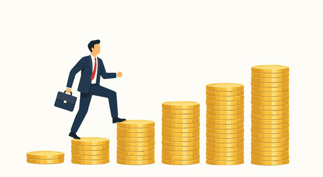 Vector art illustration of a business and economic concept showing a worker standing on stacks of money coins, symbolizing growth, success, finance, and modern corporate achievement themes.