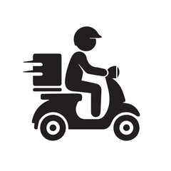Clean vector art showing a male courier transporting a parcel on a scooter in silhouette form, designed for logistics branding, delivery services, icons, and business logos. © primus