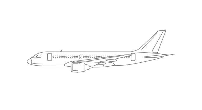 A Minimalist Line Art Side Profile Illustration of a Commercial Passenger Jet Airplane for Aviation and Travel Concept Graphics