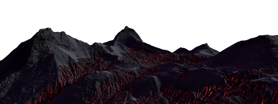 Dark Volcanic Mountains With Glowing Lava Fissures, Dramatic Landscape 3D Rendering