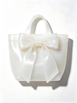 Shiny ivory white satin favor bag collection with integrated satin ribbon handles and front bow ornaments, mirror-like glossy finish, displayed against a solid white studio background with gentle diff