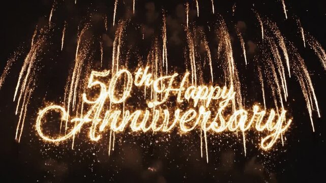 Cinematic View Of Spectacular Golden Particle Fireworks And Sparks Display Celebrating 50th Happy Anniversary Typography In Festive Celebration Animation Digital Milestone Commercial