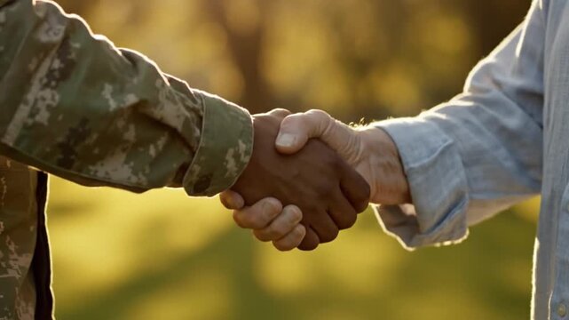 Slow motion soldier and civilian handshake close up symbolizing peace, trust and cooperation