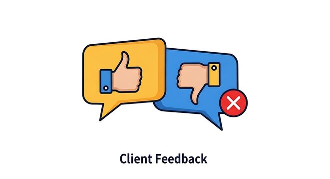 Client feedback survey form with clipboard and pencil illustration.