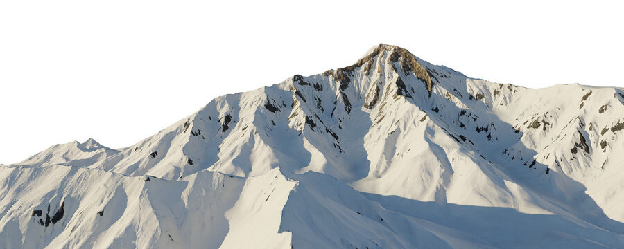 Snowy Mountain Peak Isolated On White Background With Dramatic Ridges And Shadows