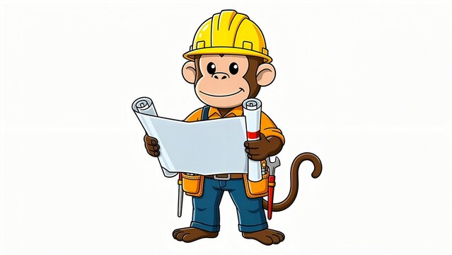 Cartoon monkey construction worker holding blueprints, wearing yellow hard hat and tool belt, ready for building and engineering projects, isolated on white background.