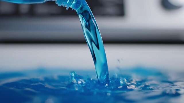 Thick blue detergent stream stretching from bottle to washing machine drawer, highlighting fluid texture, viscosity, and smooth flow. Concept of cleaning efficiency, liquid motion, product performance