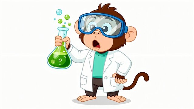 Cartoon monkey scientist holding bubbling green liquid in laboratory flask, wearing lab coat and safety goggles, expressing surprise during a chemical experiment.
