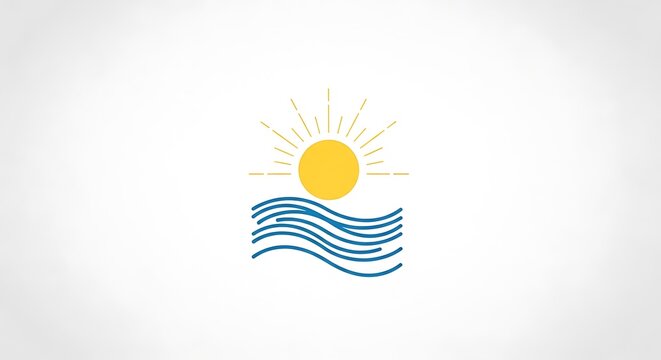 Sunburst graphic with bright yellow sun and blue rays.