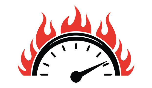 Speedometer icon vector with red flames showing high speed performance gauge for automotive racing, engine power and acceleration dashboard symbol, vector, designs