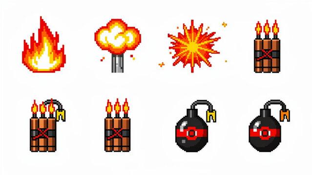 Pixelated fire explosion and dynamite icons with colorful visual elements in digital style