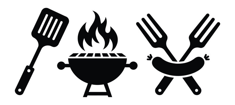 Barbecue grill icon set, cooking tools symbols, flame sausage spatula fork elements, summer picnic backyard party vector set.