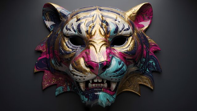 Vibrant abstract tiger mask sculpture with intricate gold accents and fluid paint patterns, showcasing a modern artistic representation of wildlife power and mystery against.