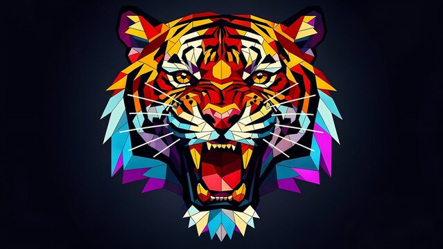 Vibrant geometric tiger head roaring fiercely, showcasing intricate polygonal design with bold red, yellow, blue, and purple hues against a dark, minimalist background.