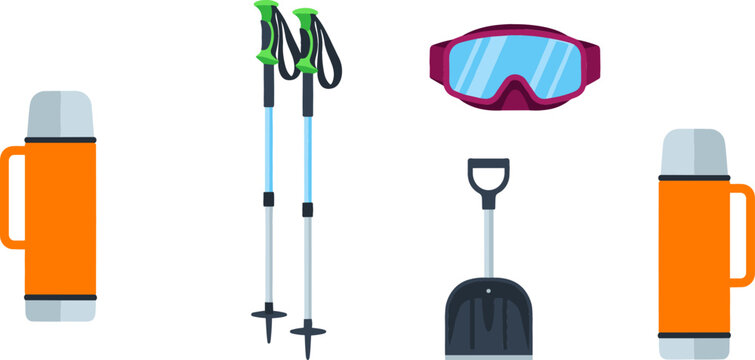 Winter Sports and Mountain Hiking Icon Set with Thermos Flasks Ski Poles Snow Goggles and Shovel for Alpine Adventure Mobile Games and Web UI Designs