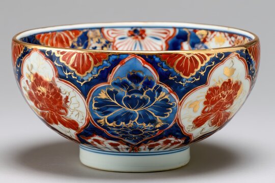 Imari porcelain bowl showcasing intricate floral patterns on a neutral studio background in a sharp focus macro shot for antique auction marketing
