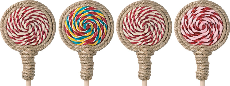 Colorful Embroidered Lollipop Designs, Decorative Sweet Candy Illustrations on Transparent Background for Textile, Sticker, Packaging, and Creative Branding Projects.