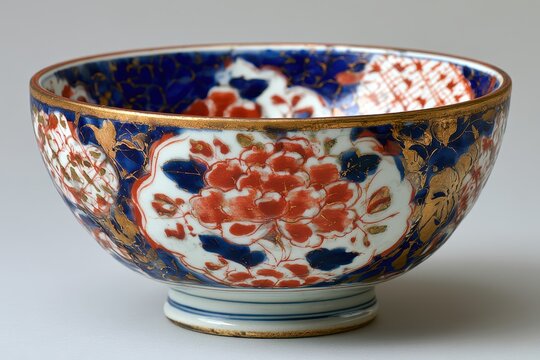 Japanese imari porcelain bowl with hand-painted floral patterns and gold gilding on a neutral background for antique and luxury lifestyle branding