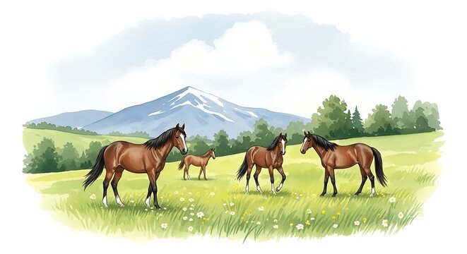 Wild horses galloping across a lush green meadow.