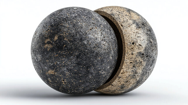 Two spheres merging isolated on white background, symbolizing unity, collaboration, convergence, guidance, opportunity, planning, integration, connection, and conceptual metaphor