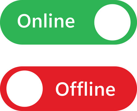 Online and offline toggle switch buttons in green and red colors for user interface design.