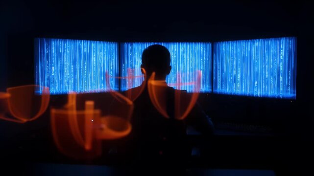 Cybersecurity Silhouette hacker cybersecurity computer monitor code data network digital anonymous figure dark room facing multiple monitors with blue code, orange trails, encryption firewall shield