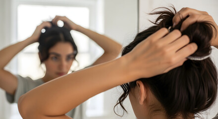 Naklejka premium A young woman, reflected in a mirror, ties her long dark hair into a messy bun, getting ready for her day.