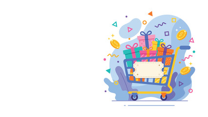 Colorful online shopping cart overflowing with gift boxes and discount tags. © Kyle