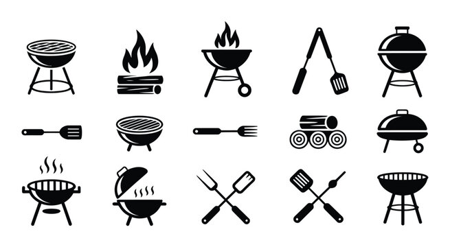BBQ grill icon set, barbecue tools symbols, grilling equipment, sausages fire outdoor cooking vector illustration set.