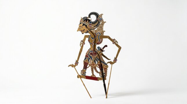 Traditional Indonesian Wayang Kulit Shadow Puppet Craftmanship Featuring Intricate Hand-Painted Details on Leather Isolated on White Background