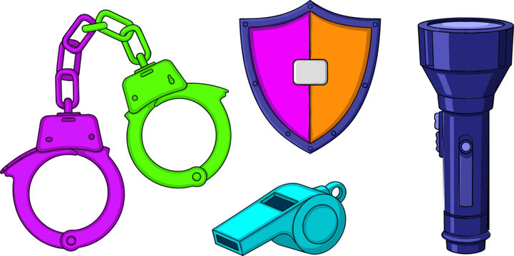 Security and Police Equipment Icon Set Featuring Handcuffs Shield Flashlight and Whistle for Security Apps Gaming UI and Law Enforcement Graphic Designs