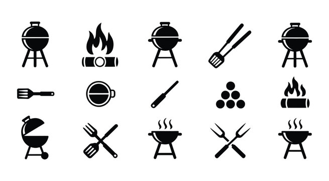 BBQ grill icon set, barbecue tools symbols, grilling equipment, sausages fire outdoor cooking vector illustration set.