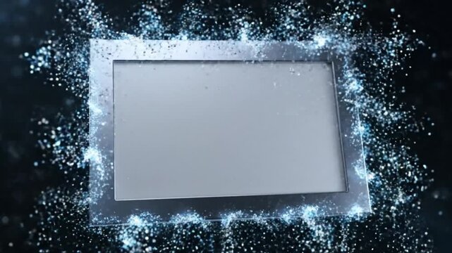 Glowing metallic frames explode with sparkling particles