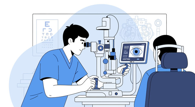 Doctor checks patient's eye with ophthalmoscope and modern equipment in clinic