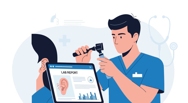 Doctor examining patient's ear with otoscope and digital report on tablet