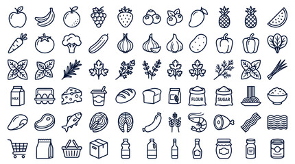 Naklejka premium Grocery and fresh food line icon set for shopping and cooking