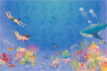サンゴ礁を探検するダイバーと色彩豊かな海洋生物の背景 © fukufuku