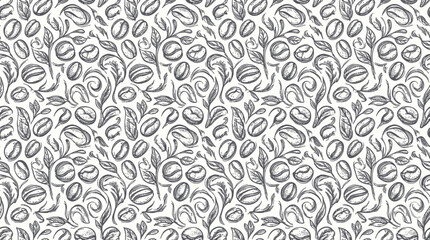 Fototapeta premium Seamless pattern with hand drawn coffee beans and decorative leaves