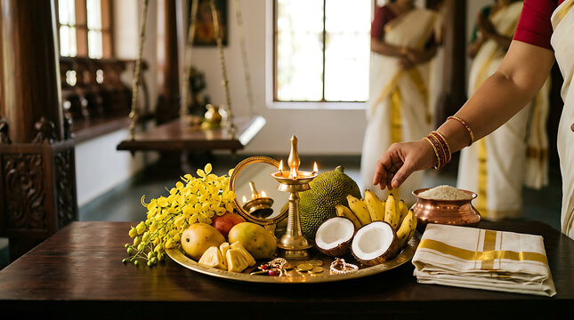 Traditional vishu kani arrangement with fruits and lamp in kerala