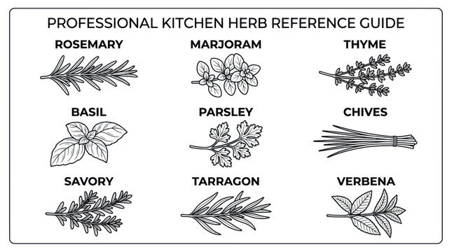 Culinary herb reference guide with hand drawn botanical line art