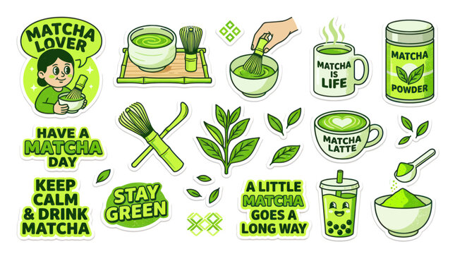 Matcha green tea sticker set with drinks whisks and text quotes