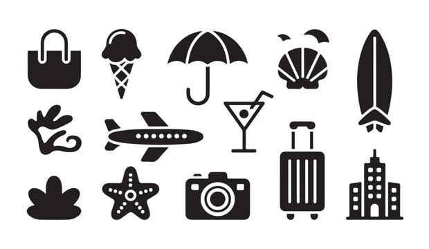 Summer beach holiday icons collection with ice cream surfboard starfish bag and umbrella.