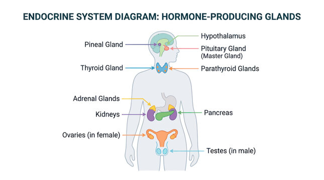 Human endocrine system diagram showing hormone producing glands