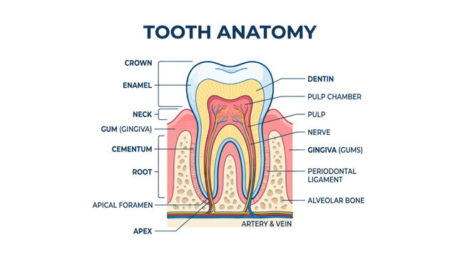 Human tooth anatomy cross section with detailed medical labels