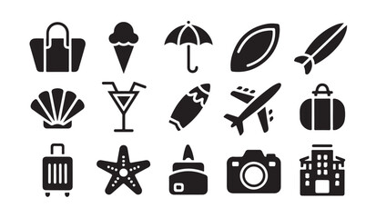 Fototapeta premium Set of beach and holiday travel icons featuring summer leisure and vacation equipment.
