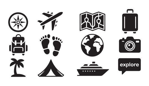 Adventure travel symbols including compass plane map luggage backpack globe camera and ship.