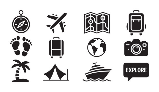 Travel icon set featuring compass airplane map suitcase footprints globe camera and cruise.